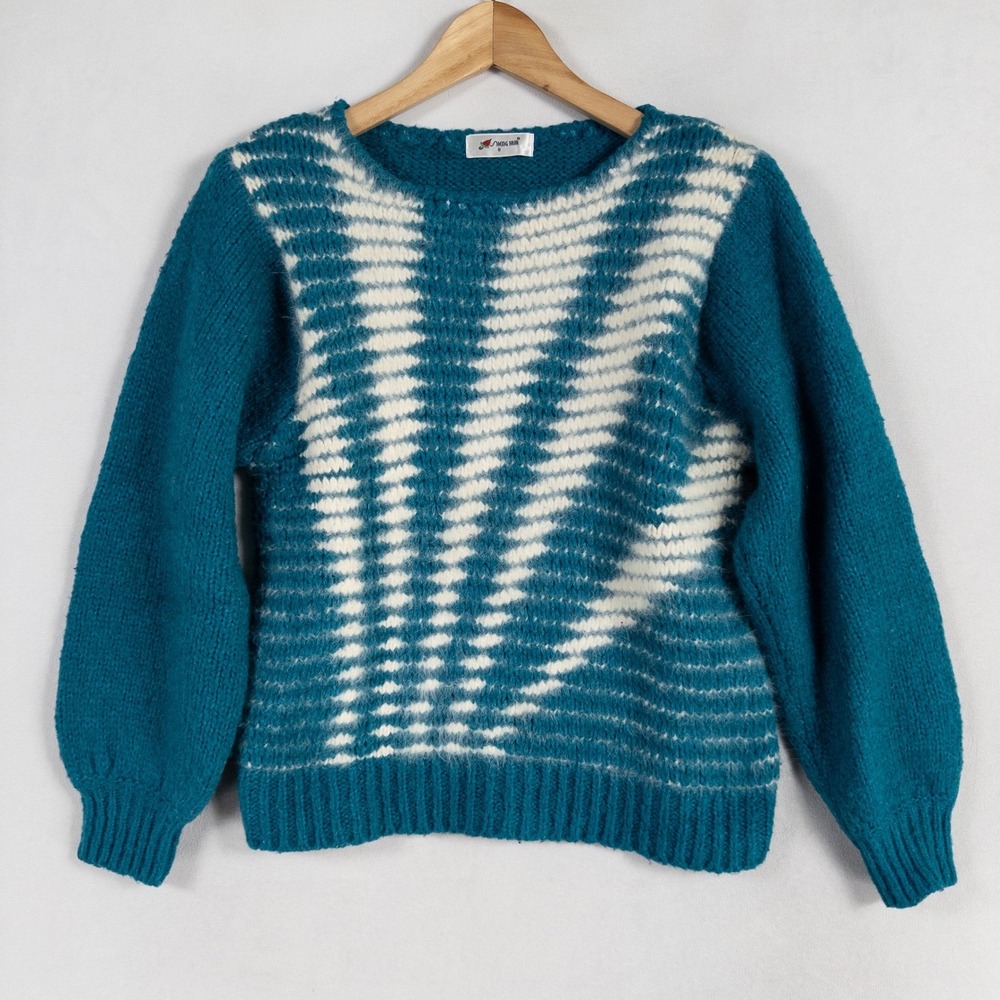 Sheng Hua Sweater Womens 8 US XS/S Teal Blue White Pattern Chunky Knit Casual